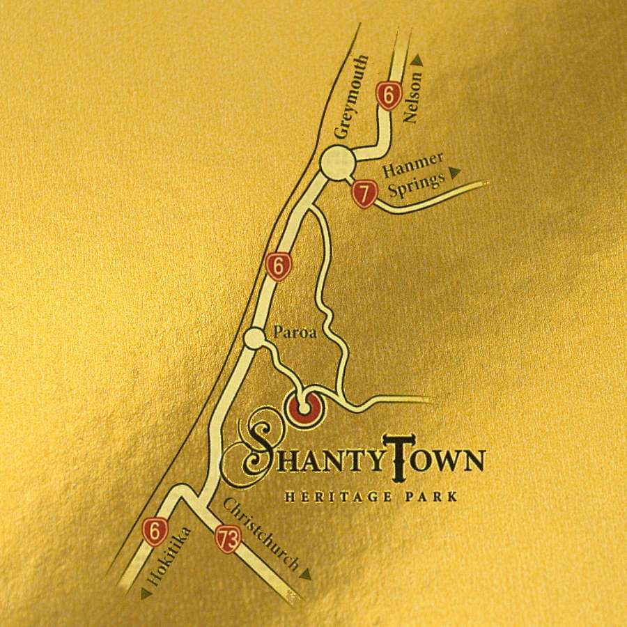 A location map showing the general location of Shantytown southeast of Paroa near Greymouth